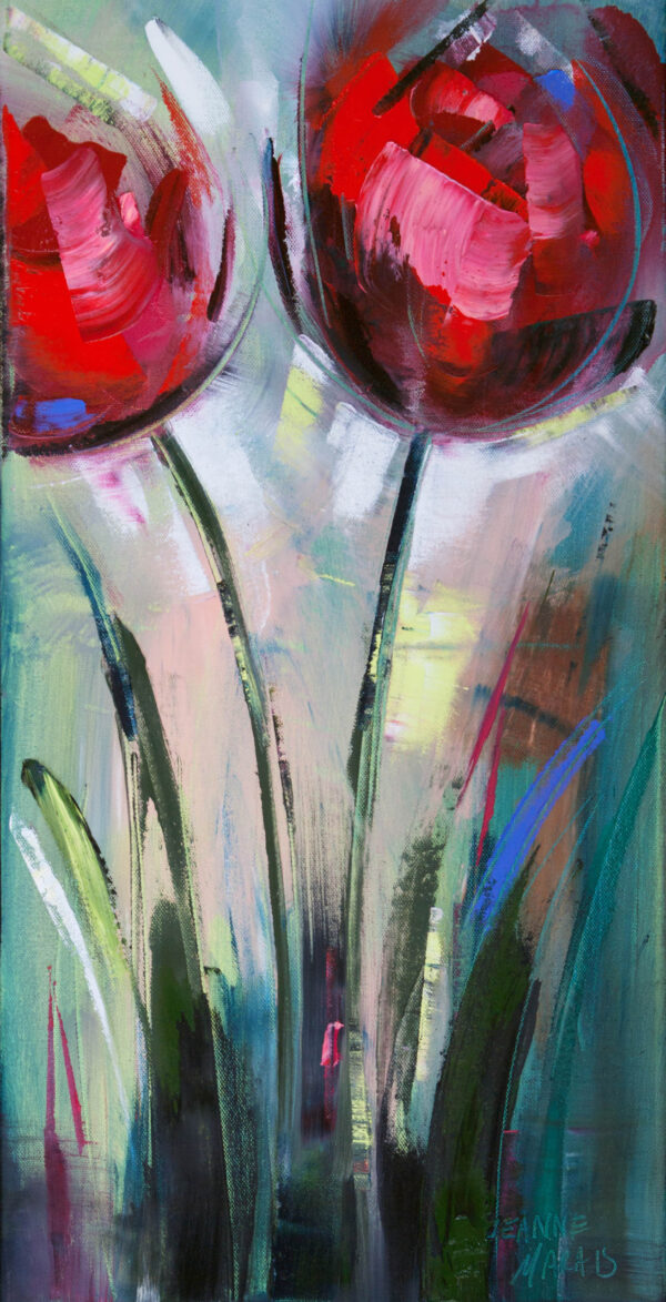 Tulip Rubies one - Giclée print of two tulips with vibrant red petals and dark green stems on a textured, multicolored background. The mood is dynamic and expressive