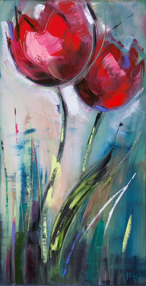 Tulip Rubies two - Giclée print of two tulips with vibrant red petals and dark green stems on a textured, multicolored background. The mood is dynamic and expressive