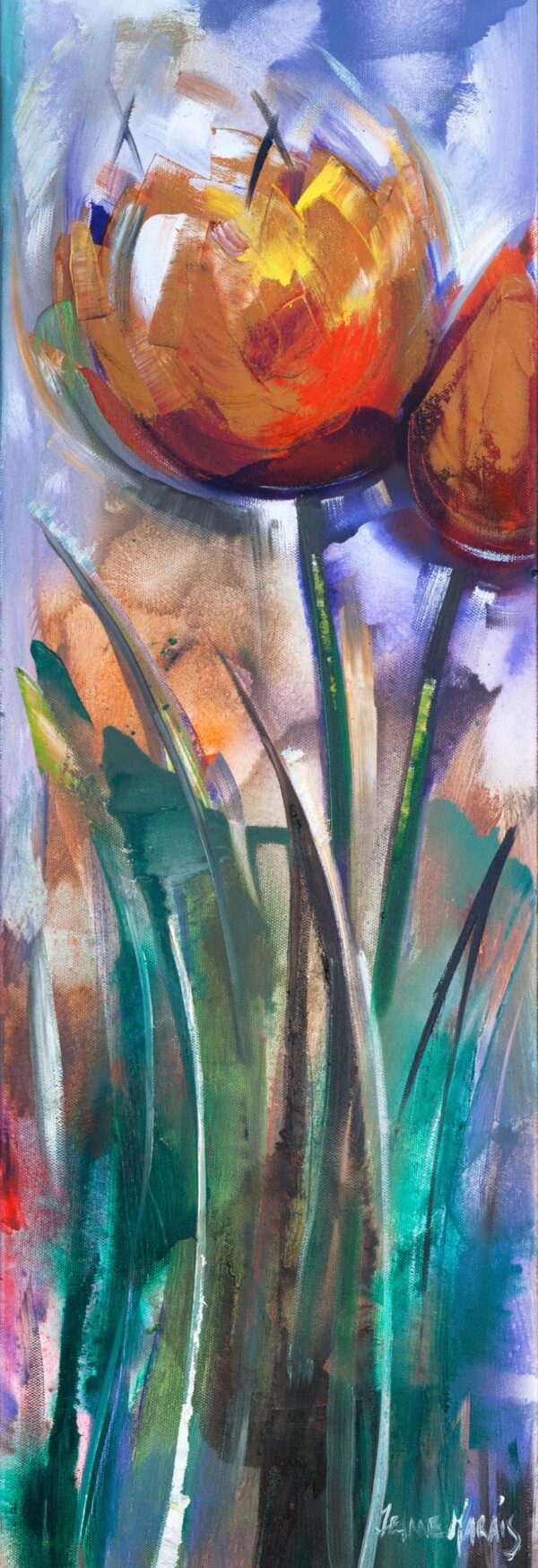 Tulips Orange one - Giclée print of orange tulips against a colorful background. Bold brush strokes and vivid hues create an energetic, dynamic composition