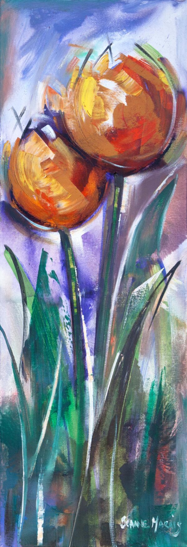 Tulips Orange two - Giclée print of orange tulips against a colorful background. Bold brush strokes and vivid hues create an energetic, dynamic composition