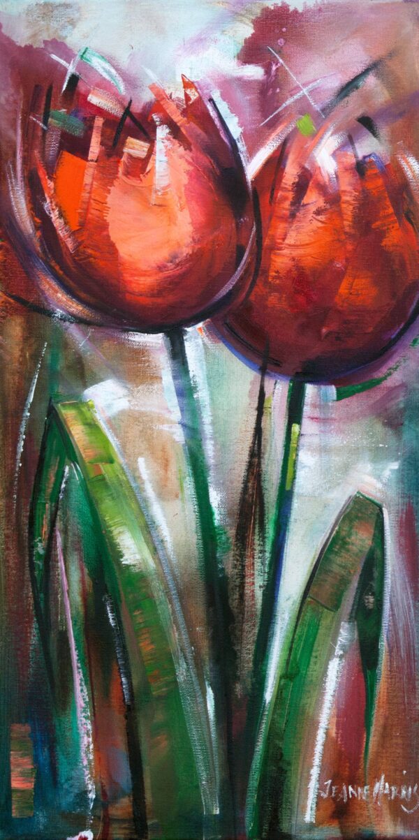 Tulips Vermillion one - Giclée print of two vibrant vermillion tulips on a textured background. Expressive brushstrokes convey energy and warmth
