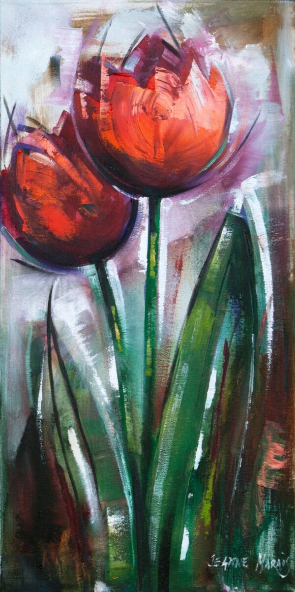 Tulips Vermillion two - Giclée print of two vibrant vermillion tulips on a textured background. Expressive brushstrokes convey energy and warmth