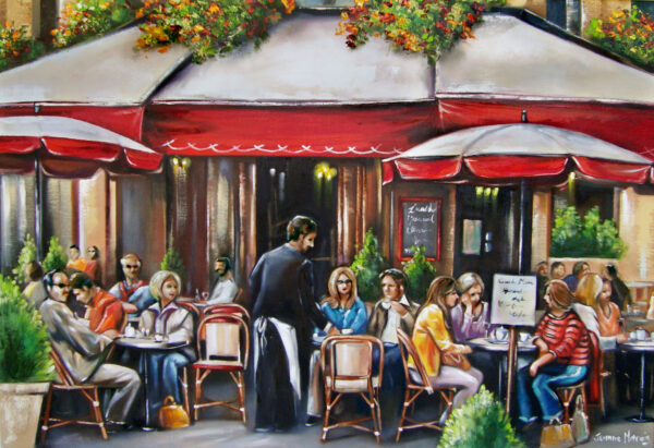 Usual Place - Giclée print of oil painting of a lively café scene with patrons seated at outdoor tables under red canopies. A waiter serves guests, with greenery and flowers adorning the background