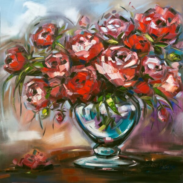 Valentine - Giclée print of a vibrant bouquet of red roses in a glass vase. The background is a blend of soft blues and browns, evoking a warm, lively mood
