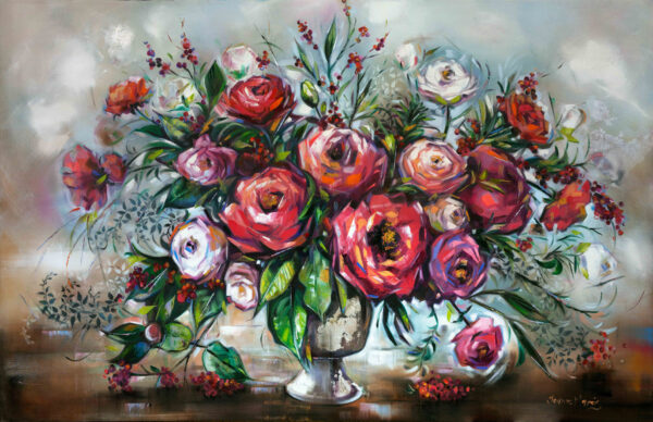 Vibrant Roses - Giclée print of a vase with vibrant pink, red, and white roses. The rich, textured background enhances the bouquet's elegance and liveliness
