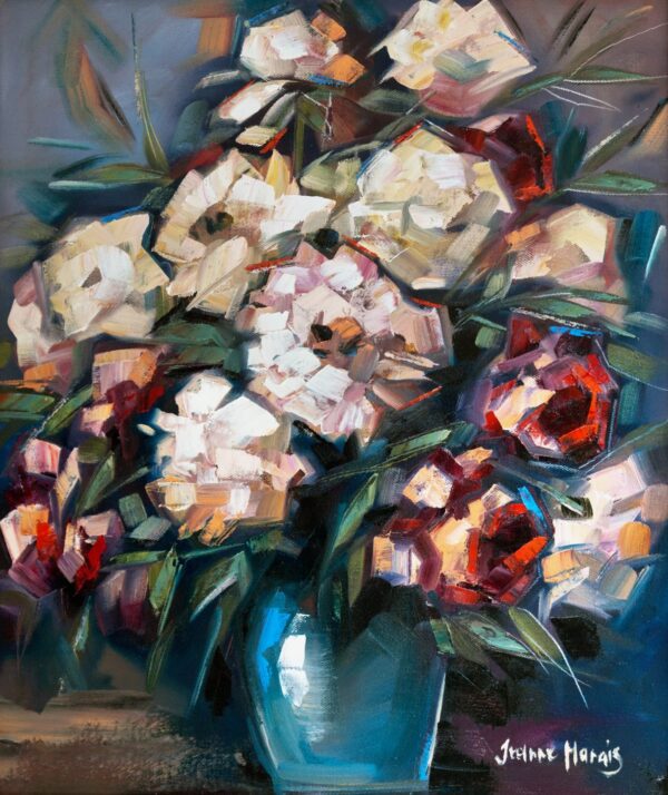 Vintage Delight - Giclée print of flowers in a blue vase. The white and red abstract blooms are surrounded by green leaves, with a dynamic, textured style