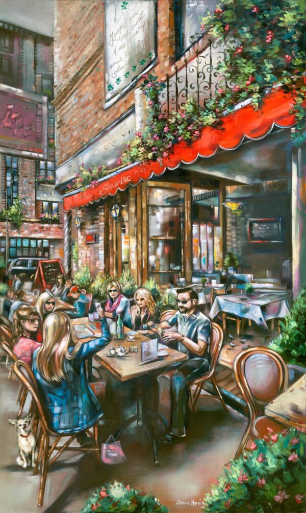Warm-up Toast - Giclée print of oil painting of a lively outdoor cafe scene with people chatting and using phones at wooden tables under a red awning. A small dog sits beside a chair, adding charm