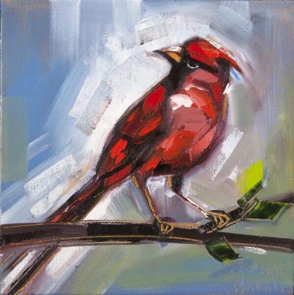 Watchful - Giclée Print of expressive painting of a vibrant red cardinal perched on a branch against a textured, abstract blue and white background, evoking a bold and lively mood