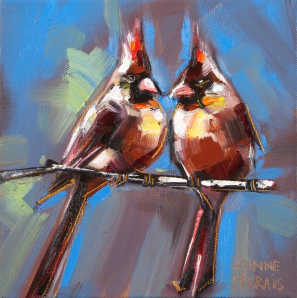 What's for Dinner - Giclée Print of two vibrant cardinals perch closely on a branch, set against a textured blue and green background. The expressive brushstrokes evoke warmth and companionship
