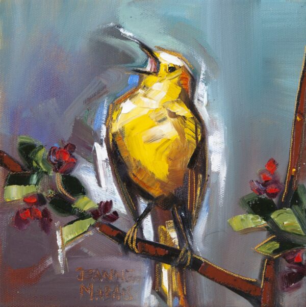 Whistleblower - Giclée Print of impressionistic painting of a bright yellow bird perched on a branch with red flowers. The background is a blend of blues and grays, conveying a vibrant feel