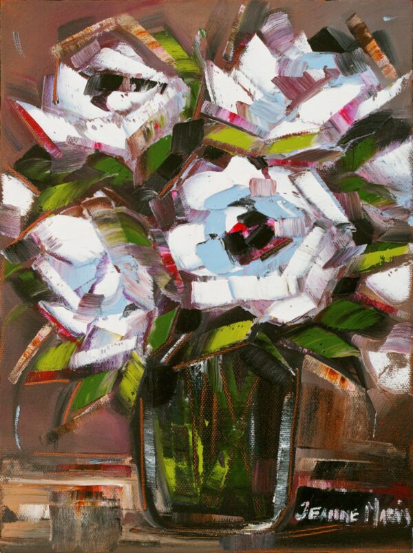 White Roses - Giclée print of white roses in a green vase. Bold brushstrokes create a dynamic, textured appearance. Earthy tones convey warmth. Jeanne Marais