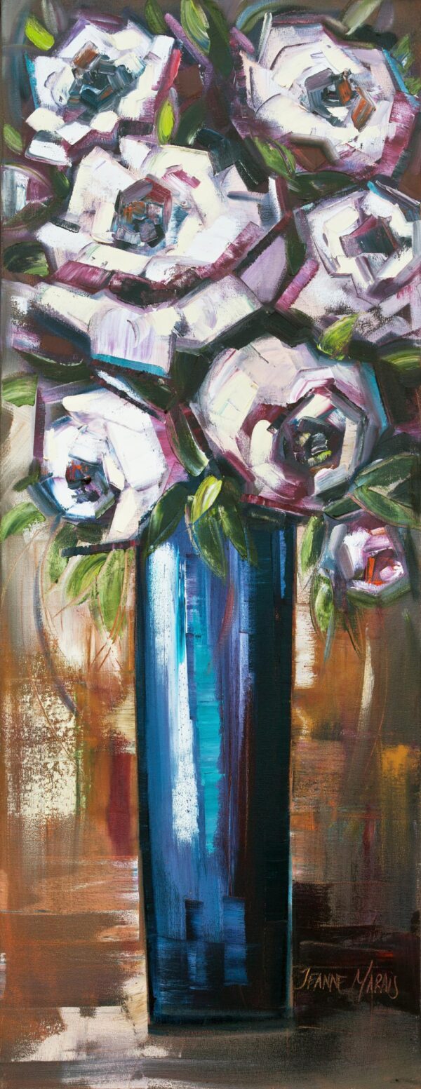 White Roses Tall A - Giclée print of white and purple roses in a tall, blue vase. The abstract style uses bold brushstrokes, creating a lively atmosphere