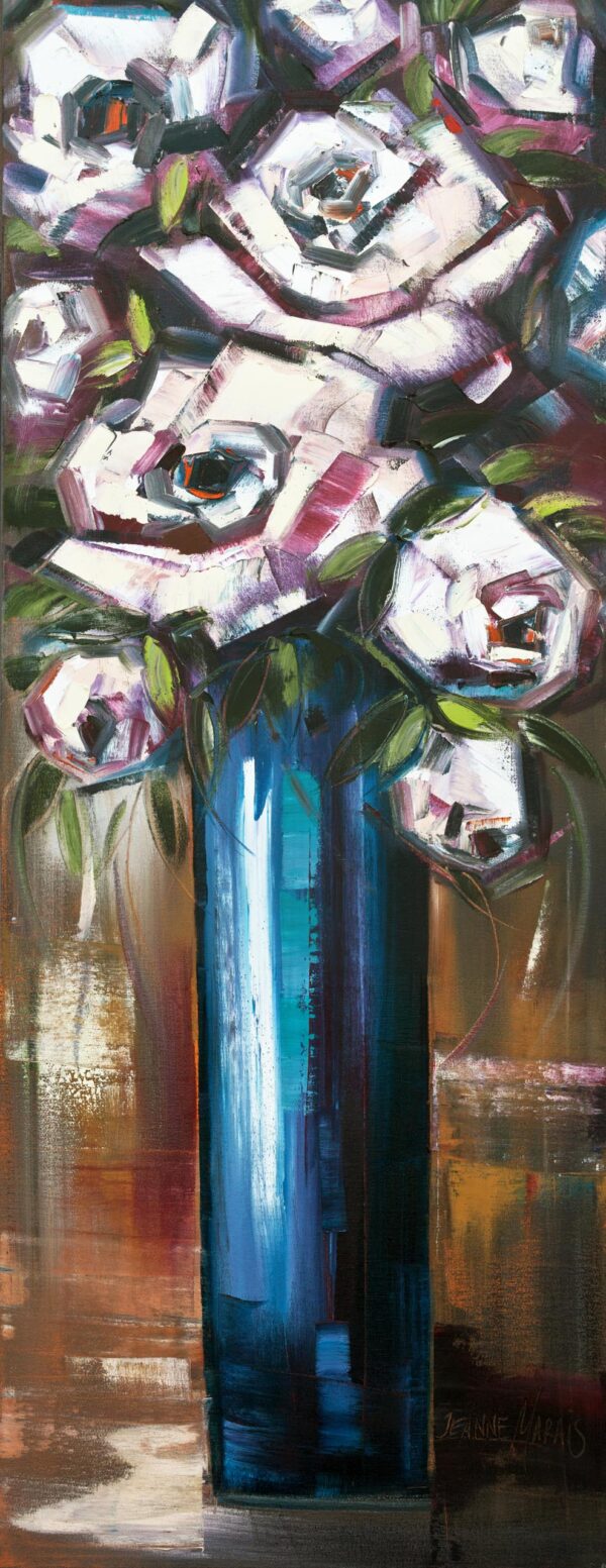 White Roses Tall B - Giclée print of white and purple roses in a tall, blue vase. The abstract style uses bold brushstrokes, creating a lively atmosphere