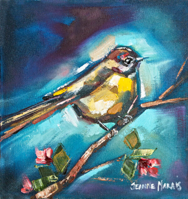 White Sparrows left - Giclée Print of colorful painting of a small bird perched on a branch with pink flowers. The background is a vivid mix of blues, conveying a vibrant, lively tone