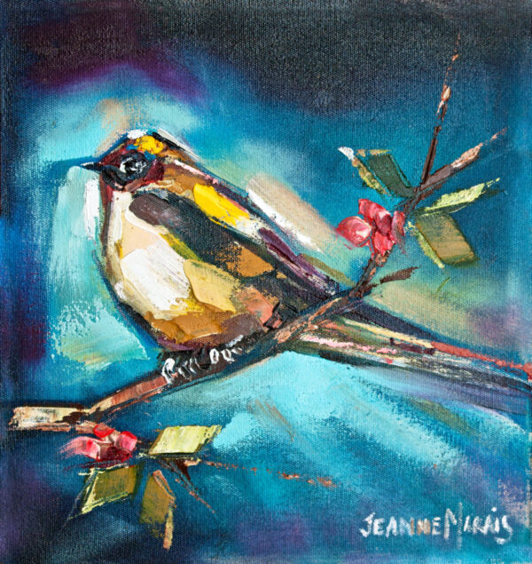White Sparrows right - Giclée Print of colorful painting of a small bird perched on a branch with pink flowers. The background is a vivid mix of blues, conveying a vibrant, lively tone