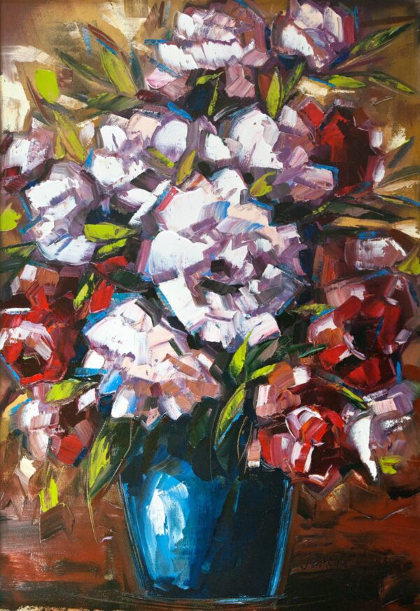 Whites and Reds - Giclée print of oil painting depicting a bouquet of pink and red flowers with green leaves in a blue vase, using bold brushstrokes and rich, warm tones