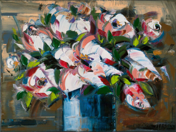 Whites in Blue - Giclée print of a vibrant flower bouquet with bold brushstrokes. The composition features swirling pinks and greens in a blue vase