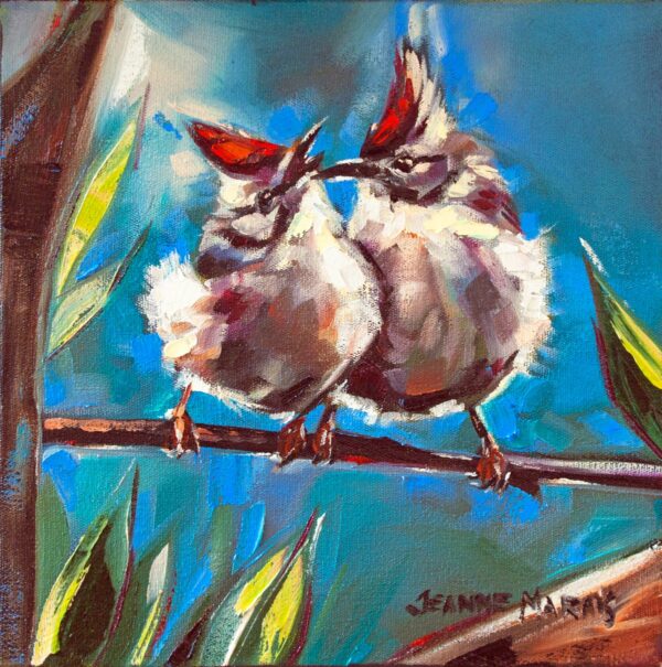 Who's the Boss - Giclée Print of impressionistic painting of two birds cuddling on a branch. They have vibrant red crests and are surrounded by lush green leaves against a blue background