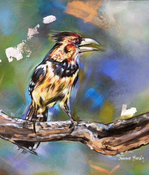 Woodpecker one - Giclée Print of a colorful bird perched on a branch, set against an abstract background of swirling blues, greens, and oranges. The bird's feathers are vibrant, enhancing the lively and dynamic tone