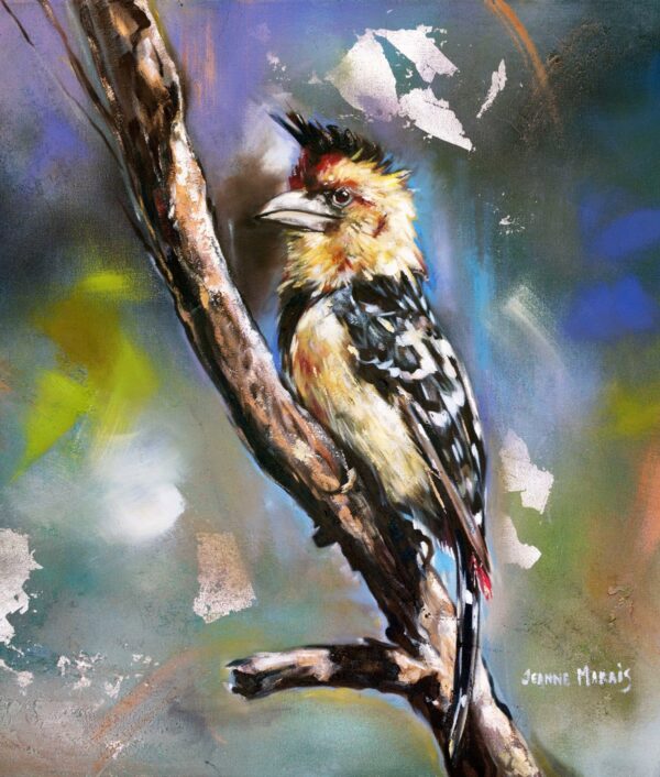 Woodpecker three - Giclée Print of a colorful bird perched on a branch, set against an abstract background of swirling blues, greens, and oranges. The bird's feathers are vibrant, enhancing the lively and dynamic tone