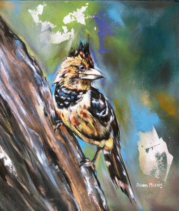 Woodpecker two - Giclée Print of a colorful bird perched on a branch, set against an abstract background of swirling blues, greens, and oranges. The bird's feathers are vibrant, enhancing the lively and dynamic tone