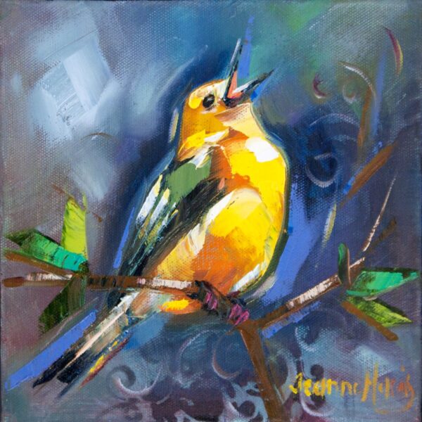 Yellow Finches left - Giclée Print of a vibrant painting of a small bird singing on a branch, featuring bold yellow, green, and blue hues against a swirling, abstract background