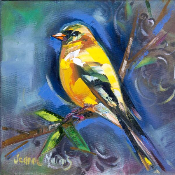 Yellow Finches right - Giclée Print of a vibrant painting of a small bird on a branch, featuring bold yellow, green, and blue hues against a swirling, abstract background