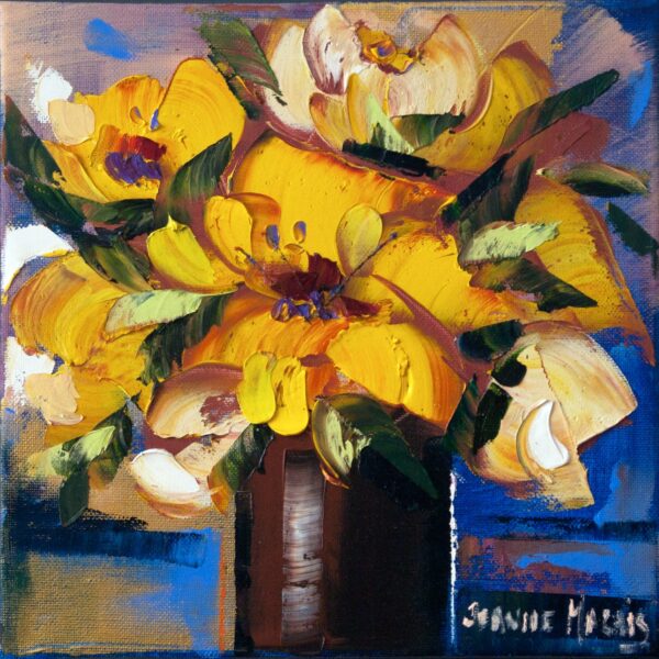 Yellow Roses one - Giclée print of yellow flowers in a brown vase on a textured canvas. Thick brushstrokes create a lively, expressive, and cheerful feel