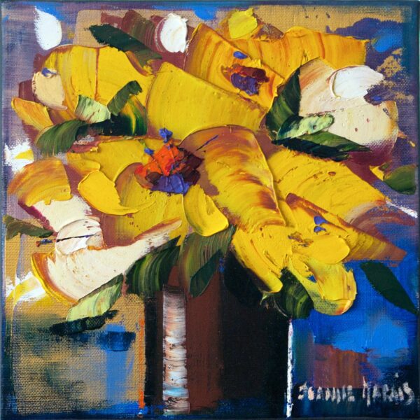 Yellow Roses three - Giclée print of yellow flowers in a brown vase on a textured canvas. Thick brushstrokes create a lively, expressive, and cheerful feel