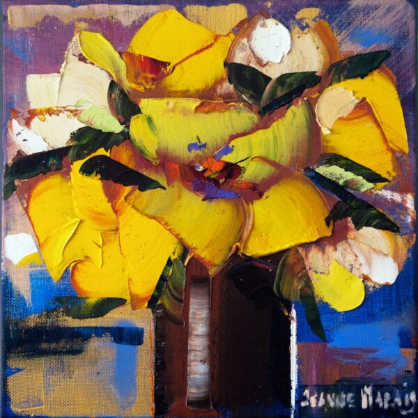 Yellow Roses two - Giclée print of yellow flowers in a brown vase on a textured canvas. Thick brushstrokes create a lively, expressive, and cheerful feel