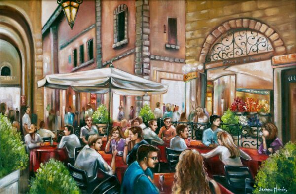 Young Business - Giclée print of oil painting of a lively European street cafe. People sit at red-clothed tables under umbrellas