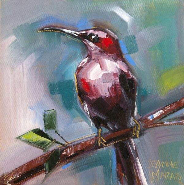 Longbill Red - Giclée Print of painting of a vibrant hummingbird with red and purple hues perched on a branch. The background has a blurred mix of blues and greens, creating a lively tone