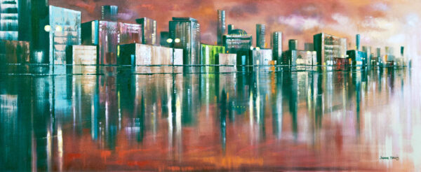 Back West - Giclée print of oil painting of cityscape with colorful skyscrapers and bright lights reflecting on water. The sky has warm orange and pink hues