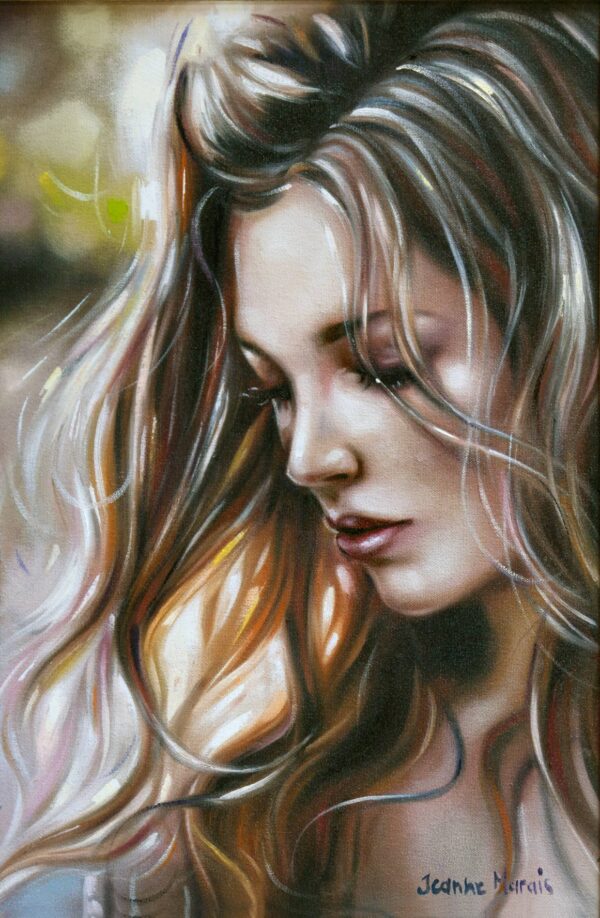 Be Still - Giclée print of oil painting of a side profile of a woman with flowing caramel and blonde hair, closed eyes, and red lips against a soft focus background
