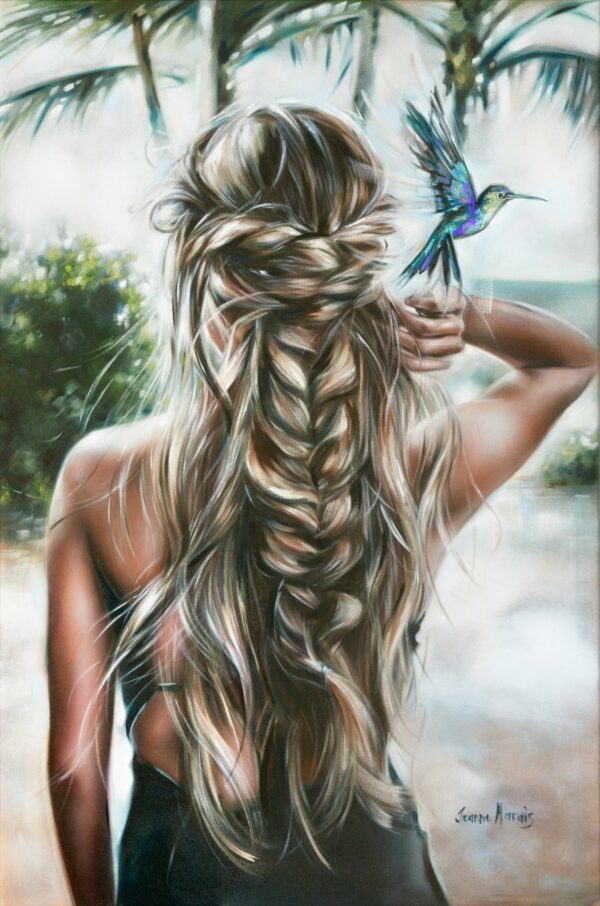 Beautiful Island - Giclée print of oil painting of back view of a woman with long braided blonde hair with a hovering iridescent hummingbird against a tropical palm tree background