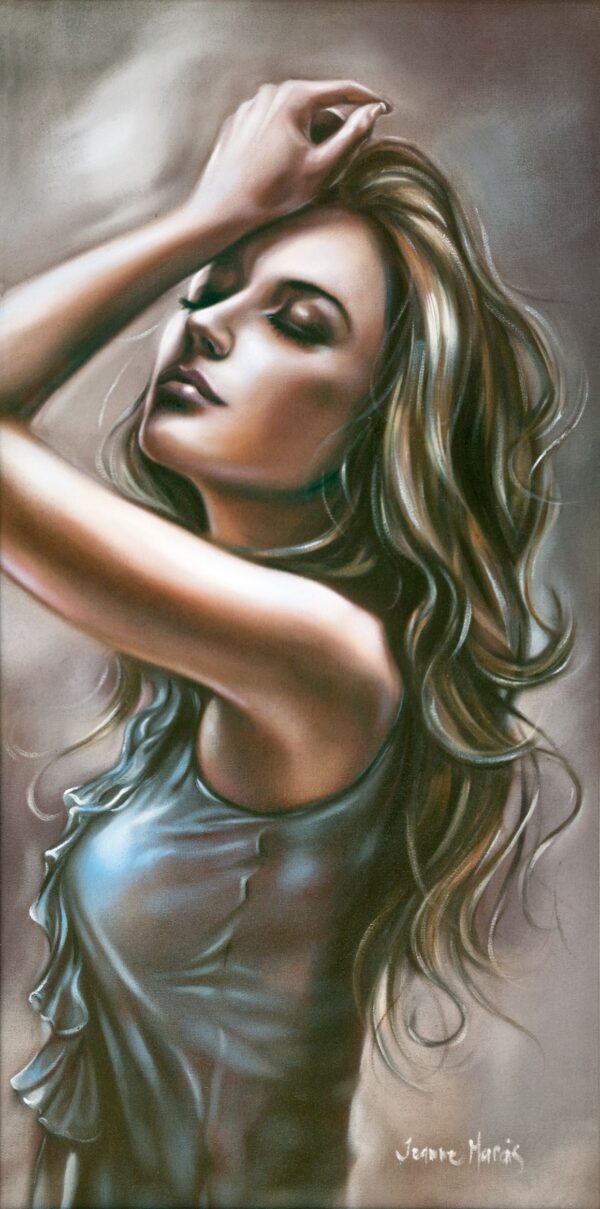 Beauty pose - Giclée print of oil painting of a woman in a blue top with flowing long hair, eyes closed in an elegant pose