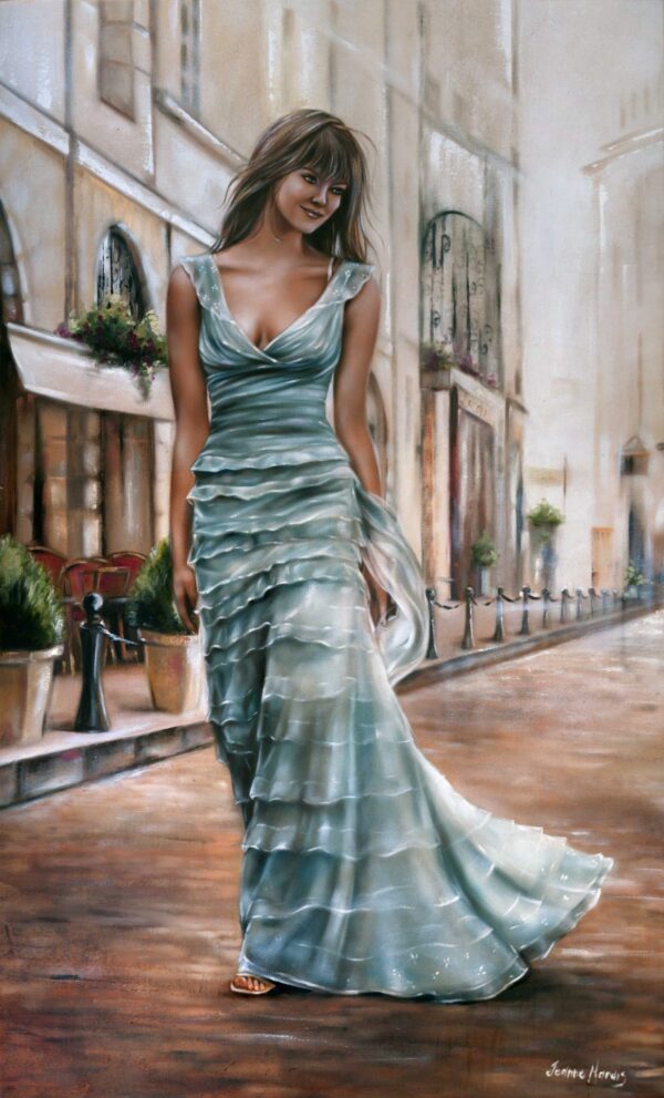 Giclée print of oil painting of stylish woman in flowing aqua blue tiered evening gown walking along a Parisian street