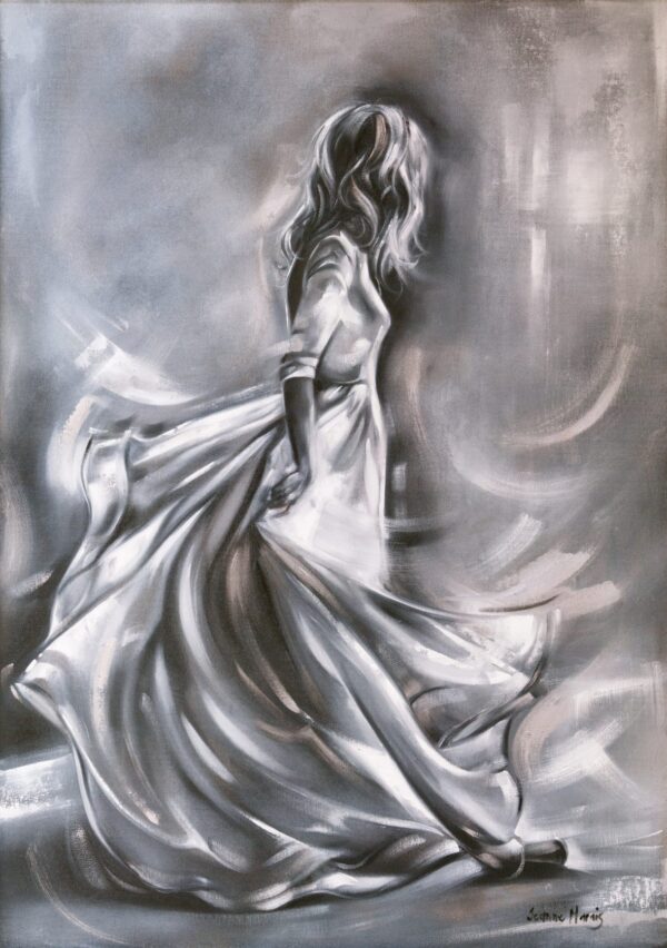 Big Nite - Giclée print of black and white painting of a woman in flowing white dress, turning gracefully with her back turned, hair and fabric swirling in movement