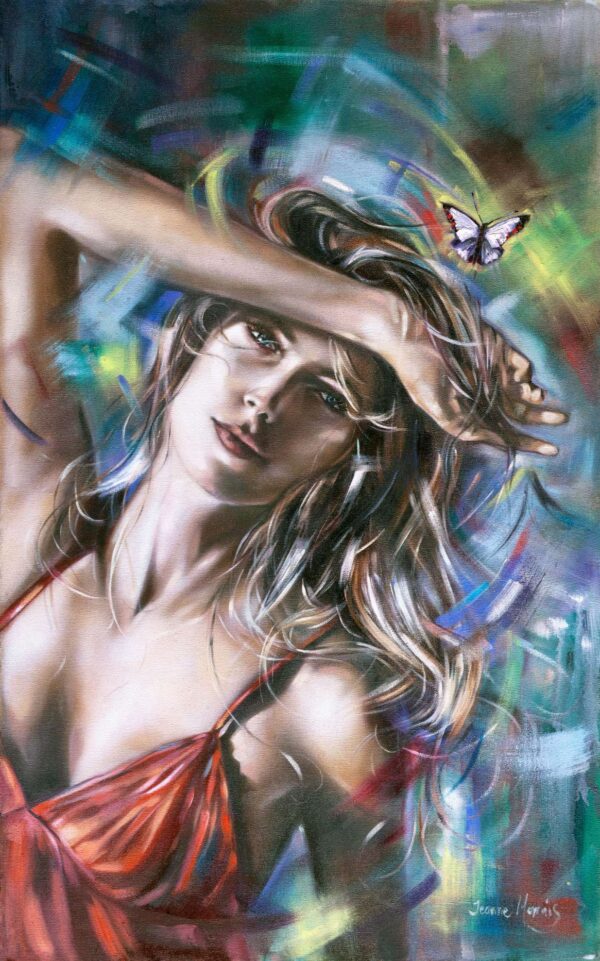 Blown-away - Giclée print of oil painting or woman with vibrant turquoise and blue background, showing flowing hair, red dress, and delicate butterfly detail in dreamy style