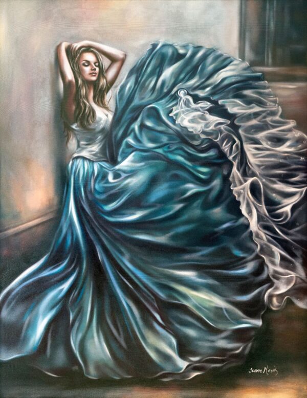 Blue astir - Giclée print of oil painting of a woman in a flowing blue and white dress leaning against a wall, eyes closed, exuding serenity. The fabric swirls dramatically around her
