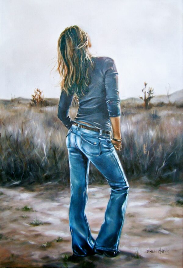 Blue jeans - Giclée print of oil painting of a woman standing in a field, viewed from behind, wearing a dark long-sleeve shirt and blue jeans. The scene is serene, with a muted color palette