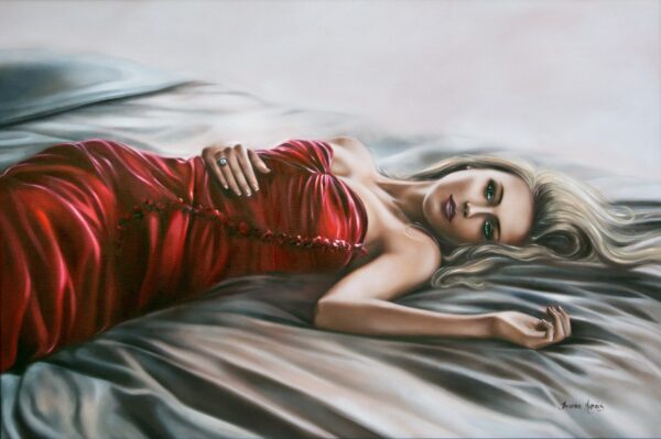 Broken Hope - Giclée print of oil painting of a woman with flowing blonde hair in a red satin dress lying on a bed of soft, gray sheets. Her expression is serene and contemplative, exuding elegance