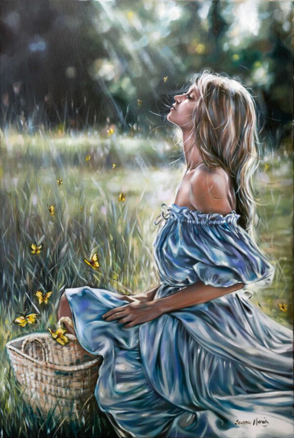Butterfly dreams - Giclée print of painting of pondering woman in blue dress crouching down in field, surrounded by butterflies