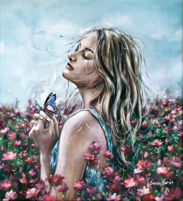 Butterfly kisses: - Giclée print of oil painting of a woman with closed eyes and flowing hair standing in a field of pink flowers, gently holding a butterfly. The scene conveys peace and harmony