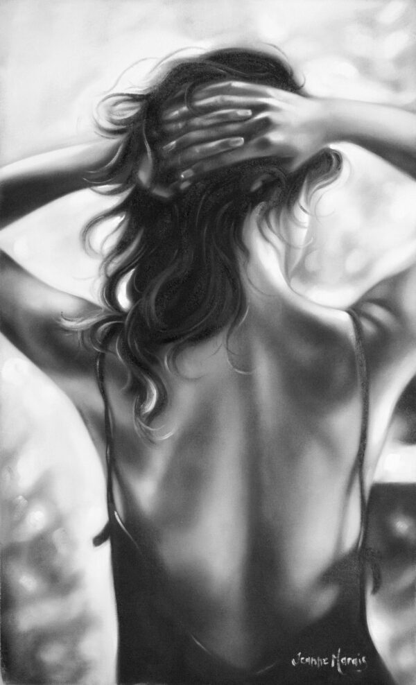 Bygones - Giclée print of oil painting of a grayscale image of a woman from behind, hands clasped on her head, with tousled long hair and visible shoulder blades, evoking a serene, introspective mood