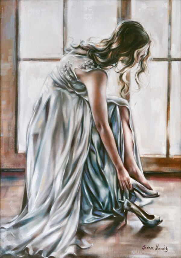Candice - Giclée print of oil painting of a woman in a flowing white gown by a window, bending over to put on high heels. The soft light and gentle pose create a serene, reflective mood