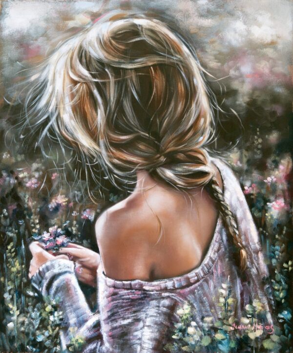 Careless Beauty - Giclée print of oil painting of a serene woman with a braid, viewed from behind in a field of flowers, wearing an off-shoulder sweater. Soft pastel colours evoke tranquility