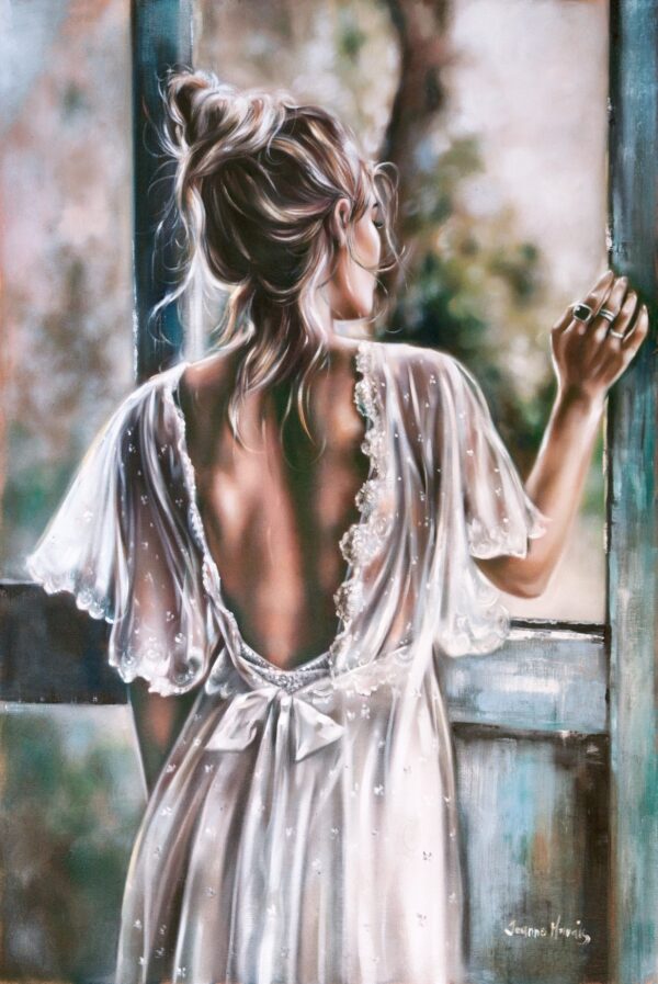 Caroline - Giclée print of oil painting of a woman with a loose bun gazing outside through an open window. She wears a delicate lace robe with an open back. The scene feels serene and reflective