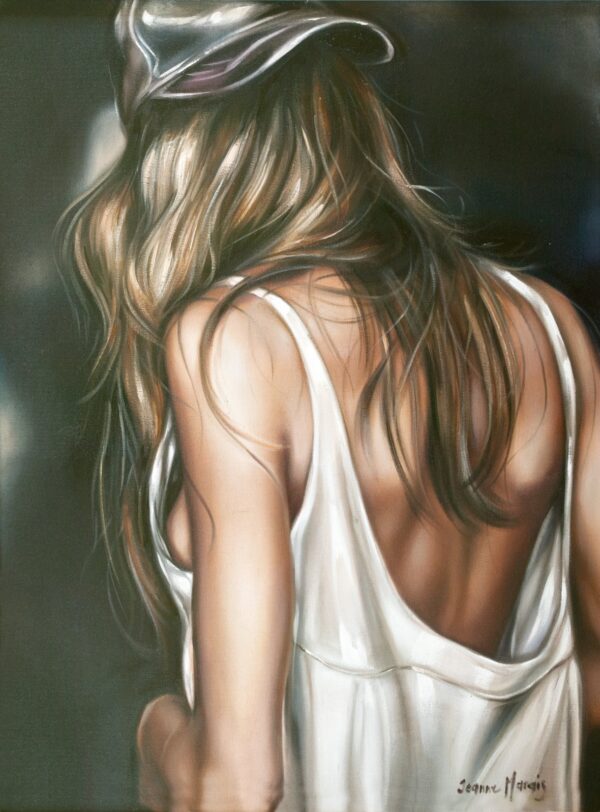 Casual Fling - Giclée print of oil painting of a woman from behind, wearing a sleeveless white dress and a metallic hat. Her long hair cascades down