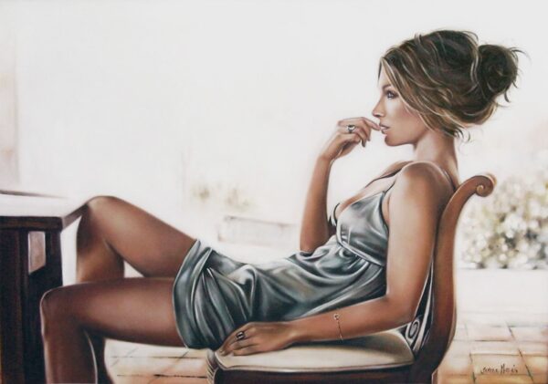 Chancy Plans - Giclée print of oil painting of woman in a silky dress reclining on a chair, gazing thoughtfully outside. Soft lighting, neutral tones, serene and contemplative mood